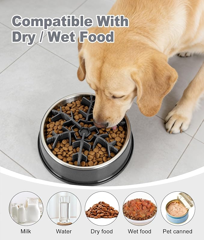 Slow Feeder Insert for Dog Bowl, Mabnuby 100% Food-Grade Silicone Slow Feeder Insert Fits Large Medium Small Size Dogs, Compatible with Regular & Elevated Bowls, Helps Prevent Digestive Issues, Gray