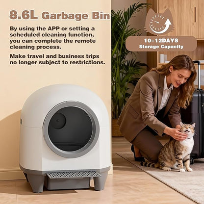 Greesum UltraSmart AutoClean Litter Box - 90L Large Capacity for Multi-Cat Households with Safeguard Tech, APP Control, Odor-Free Design & Mat/1 Roll Litter Bag