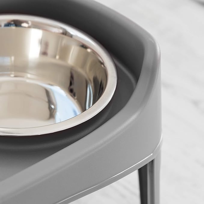 IRIS USA Adjustable Elevated Dog Bowls, Raised Feeder with 2 Stainless Steel 64 oz Bowls, Spill-Guard Rim, 12.25" or 4.63" Heights, Durable Plastic, Made in USA, Dark Gray