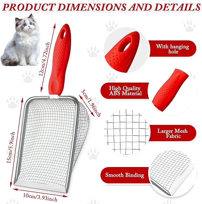 Cat Litter Scoop - Long Handle Scooper, Rustproof Stainless Steel Mesh, Non-Slip Grip, Deep Shovel Sifter for All Litter Types, Easy Clean Kitty Waste Litter for Litter Box(Red)