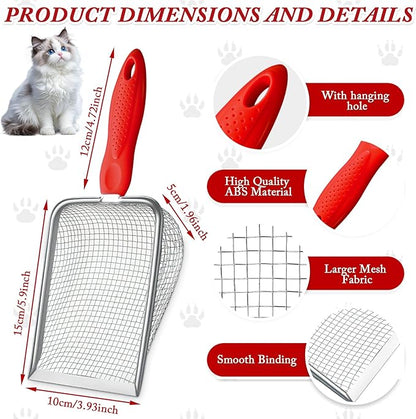 Cat Litter Scoop - Long Handle Scooper, Rustproof Stainless Steel Mesh, Non-Slip Grip, Deep Shovel Sifter for All Litter Types, Easy Clean Kitty Waste Litter for Litter Box(Red)