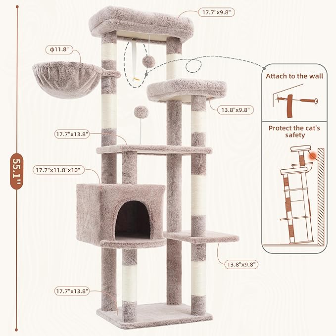 Cat Tree for Indoor Cats, 55.1 inch Cat Tower with 7 Sisal Scratching Posts, Multi-Level Cat Condo wit Large Play Platform Furry Ball, Cat Cave, 2 Padded Perches, Basket, Mushroom GCT013MU