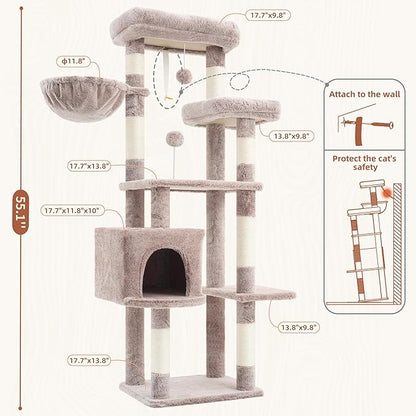 Cat Tree for Indoor Cats, 55.1 inch Cat Tower with 7 Sisal Scratching Posts, Multi-Level Cat Condo wit Large Play Platform Furry Ball, Cat Cave, 2 Padded Perches, Basket, Mushroom GCT013MU