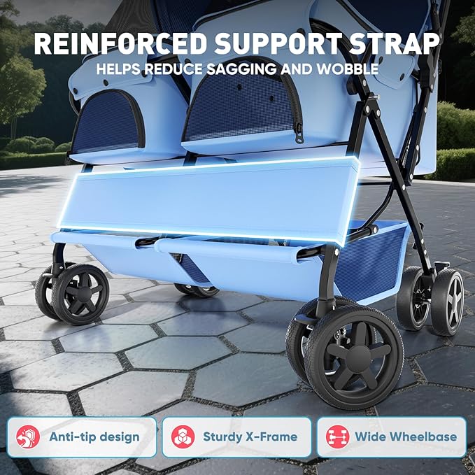 Magshion Side by Side Double Dog Stroller for 2 Small Dogs, Foldable Twin Pet Stroller with Breathable Mesh, Storage Basket, Swivel Wheels for Outdoor Walks & Daily Use, Blue