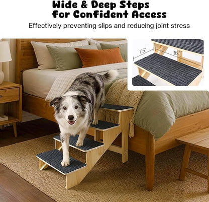 4-Step Dog Stairs for Large Dogs, Solid Wooden Dog Steps for Beds/Couch with Carpet, 24 Inches Anti-Slip Pet Stairs for High Beds, Ramp for Older/Senior Dogs, Pet Bed Stairs to Get on Bed/Sofa