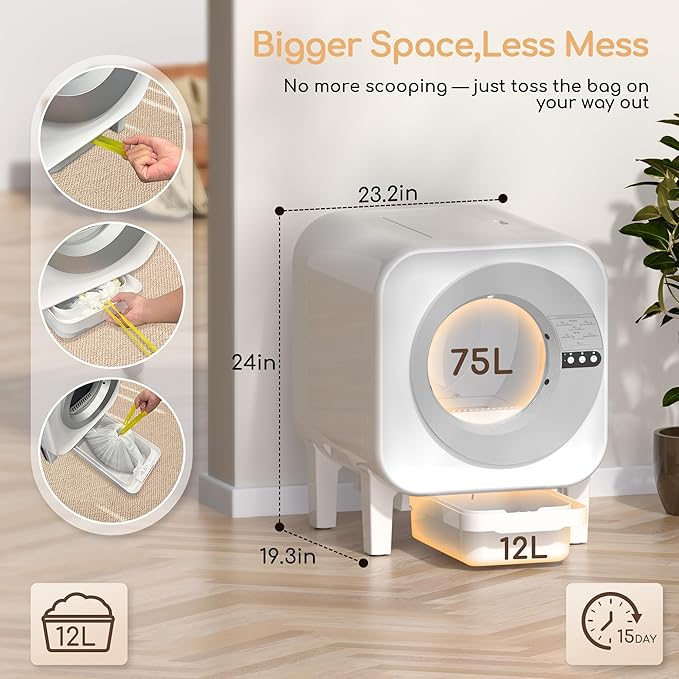 Self Cleaning Litter Box, Automatic Litter Box Self Cleaning with APP Control Dynamic Monitoring,75L Capacity Dual Sensor Safety Protection, Odor Control System