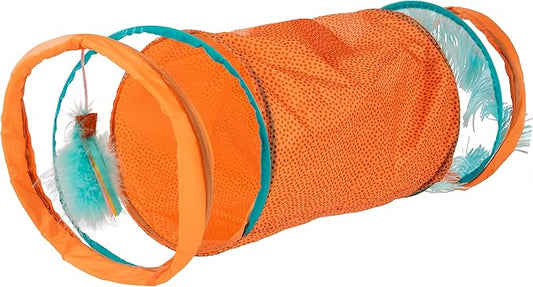 Instincts by SmartyKat Teaser Tunnel Activity Tunnel Cat Toy w/Fringe & Feather Teaser Cat Toy - Orange, One Size