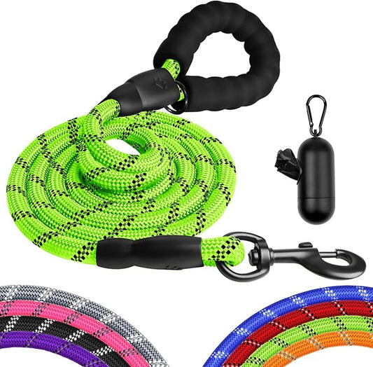 Heavy Duty Dog Leash for Large Medium Small Breed Dogs, Reflective Rope Dog leashes with Comfortable Handle,4/5/6 FT Pet Puppy Leash for Night Walking with Poop Bag Holder,Green,1/2 inch