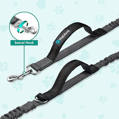 PetAmi Hands-Free Dog Leash for Walking, Running & Hiking, Heavy Duty Bungee Waist Leash with Dual Padded Handles, Adjustable Reflective Belt for Small, Medium & Large Dogs up to 150 lbs, Grey