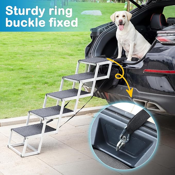 Uross Dog Stairs for Car 5 Steps - Collapsible Dog Steps Ramp for Car and SUV, Aluminum Pet Ramp Stairs for Large Dogs,Telescoping Ladder for Truck, High Bed