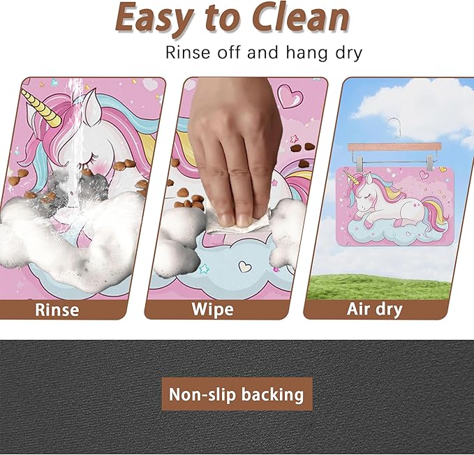 Cute Unicorn Dog Food Mat for Floors,Cloudy Pink Stars Absorbent Pet Food and Water Bowl Mats,Non-Slip Pet Feeding Mat,Pet Supplies 16" x 24"