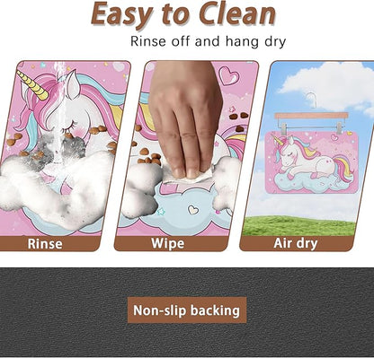 Cute Unicorn Dog Food Mat for Floors,Cloudy Pink Stars Absorbent Pet Food and Water Bowl Mats,Non-Slip Pet Feeding Mat,Pet Supplies 16" x 24"