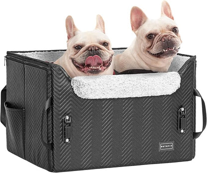 PETSFIT Dog Car Seat Medium Sized Dog, Waterproof PU Leather Dog Seat for Car with Patented Safe Buckles, 2 Clip-On Safety Leashes, Suitable for 2 Small Dogs (Medium, Black)