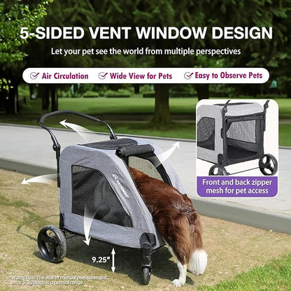 EchoSmile XL Extra Large Dog Stroller - Adjustable Handles,Lightweight Folding Pet Stroller,All-Terrain 4 Wheel for 2 Medium Dogs,Dual Entry Safety Dog Stroller,Capacity 160 lbs,Gray