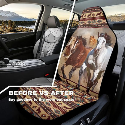 Car Seat Covers Waterproof Western Horse Aztec Front Seat Covers 2 PCS Removable Automotive Interior Accessories for Women Men Universal Fit Most Cars,SUV, Trucks