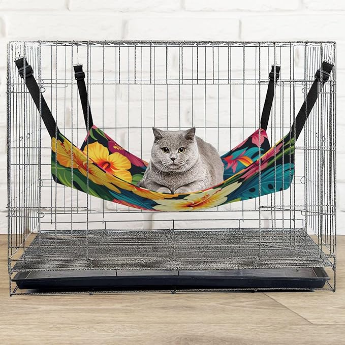 Hawaiian Colorful Flower Print Cat Hammock with Adjustable Straps, Pet Cage Hanging Bed for Cats,Ferret,Puppy,Small Animals