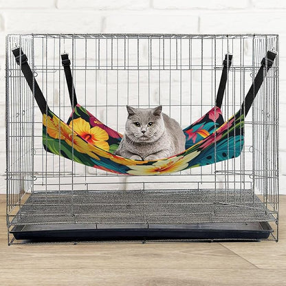 Hawaiian Colorful Flower Print Cat Hammock with Adjustable Straps, Pet Cage Hanging Bed for Cats,Ferret,Puppy,Small Animals