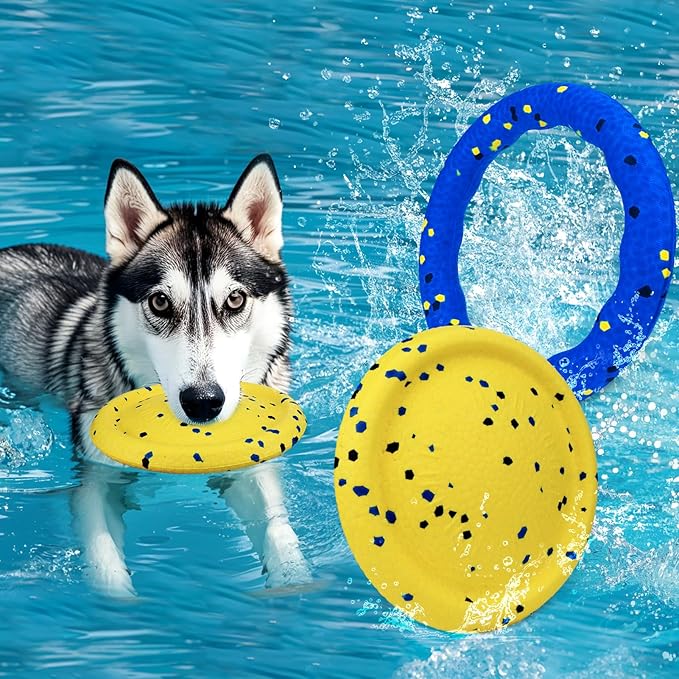 BABORUI Floating Dog Pool Toy – Durable E-TPU Dog Water Toy for Fetch & Chew, Bright Floating Dogs Toys for Pool, Beach & Outdoor Play – Dogs Beach Essentials (Blue Ring & Yellow Plate)