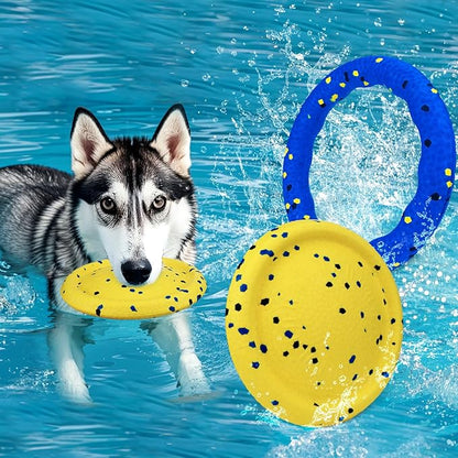 BABORUI Floating Dog Pool Toy – Durable E-TPU Dog Water Toy for Fetch & Chew, Bright Floating Dogs Toys for Pool, Beach & Outdoor Play – Dogs Beach Essentials (Blue Ring & Yellow Plate)