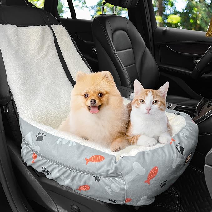 Dog Car Seat for Small Medium Dogs Under 30 lbs, Fully Detachable and Washable Cat Booster Car Seats for Front & Black Seat with Safety Leash Belt (Bone, M)