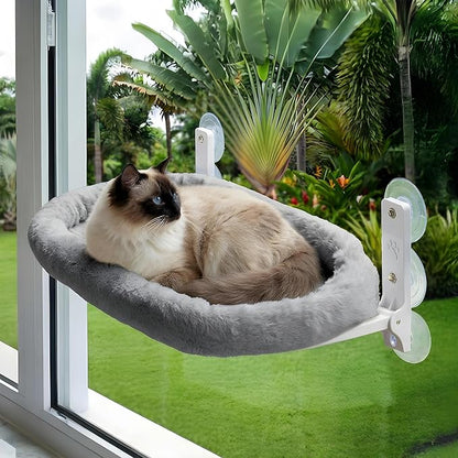 Cat Window Perch – Strong 6 Suction Cup Foldable Cat Hammock Bed for Large Cats and Kittens That Holds up to 50 lbs with Washable Reversible Cover, Sturdy Metal Frame for Window (Gray)