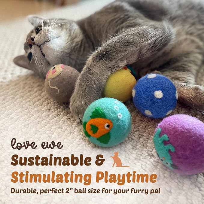 Hustle & Blush Love Ewe Felted Cat Toys 3 Pack- 5 Inch Mouse w/Bell & 2 Inch Ball Hand Made Cute & Fun Design Kitten Wool Felt Balls for Indoor Play & Exercise-100% New Zealand Handmade Felted Balls