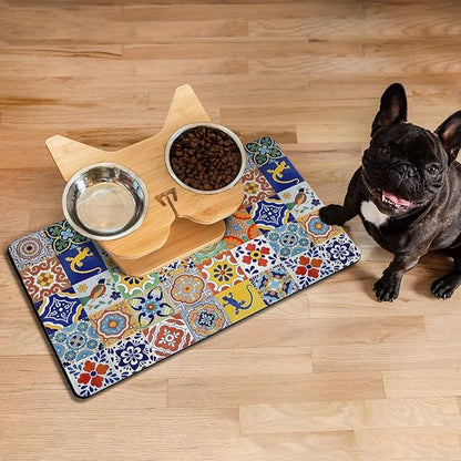 Moroccan Trellis Dog Food & Water Mat, Mexican Talavera Boho Colorful Pet Feeding Mat for Floor Non-Slip Waterproof, Super Absorbent Cat Bowl Mat, Easy to Clean Durable Pet Placemat,12" × 20"