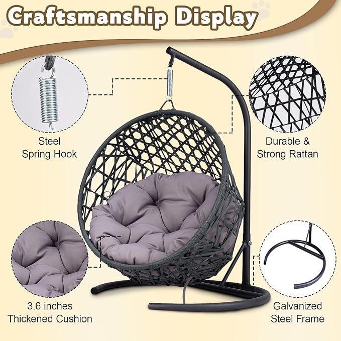 Cat Swing Bed with Stand & Cushion Indoor Outdoor, Egg Chair with Rattan Wicker Appearance, Indoor Hanging Swinging Hammocks for Cat, Dogs, and Small Animals Bedroom Porch (Gray-1)