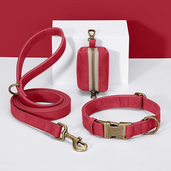 Didog Soft PU Leather Dog Collar, Stylish Quick Released Dog Collars for Medium Dogs, Easy Clean Adjustable Pet Collar for Daily Walking, Red, M Fit 14-18" Neck