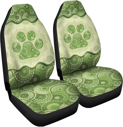 2pcs Waterproof Durable Car Seat Cover, Green Boho Dog Paw Mandala Printed Auto Front Seats Protector for Men Women Fit SUV Truck Sedans