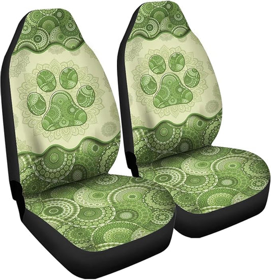 2pcs Waterproof Durable Car Seat Cover, Green Boho Dog Paw Mandala Printed Auto Front Seats Protector for Men Women Fit SUV Truck Sedans