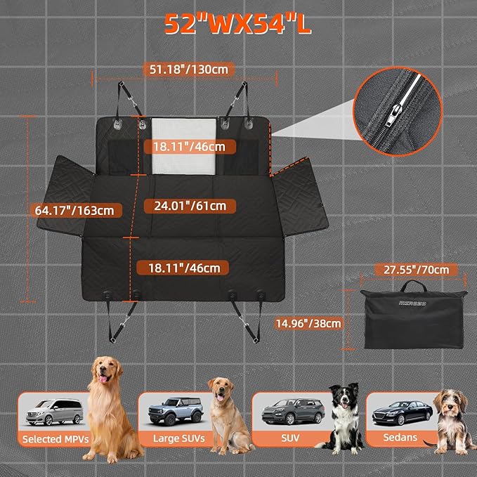 MIROZO Dog Seat Cover for Back Seat, 600D Heavy Duty Back Seat Extender for Dogs,Waterproof Pet Seat Protector with 3-Fold Bottom, Large Space Travel Bed Extender for Mid-Size SUV & Small Truck