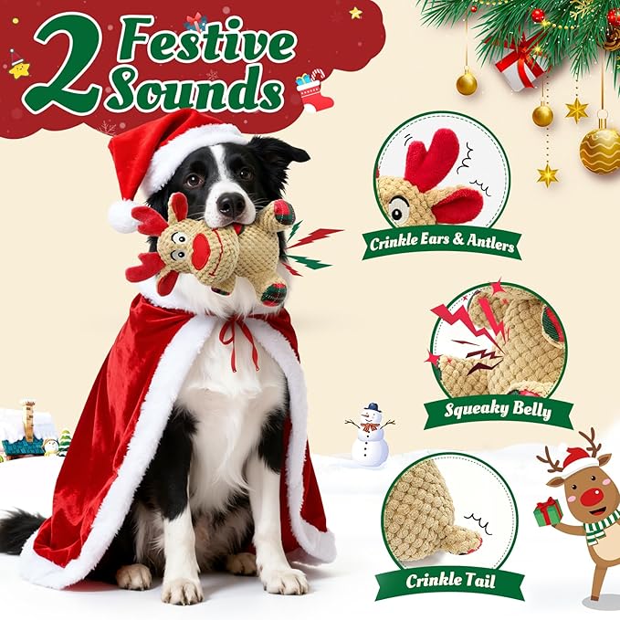 Reindeer Squeaky Plush Dog Toy – Soft Crinkle Stuffed Chew Toy for Small & Medium Dogs, Cute Holiday Puppy Toy