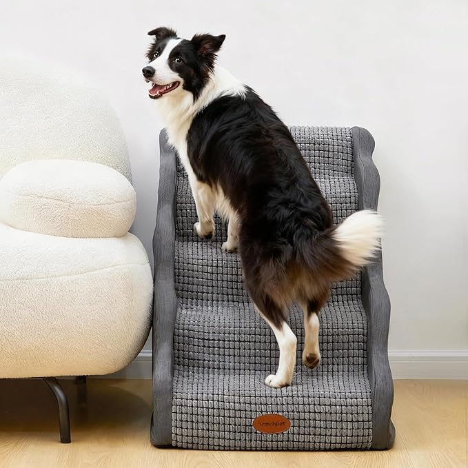 Side Armrest Dog Stairs for High Beds Up to 26-30", 5-Step Pet Ramp with Weighted Base Plate, Washable Cover, Gentle Slope Steps, Bed & Couch Ladder for Small Medium Dogs & Senior Cat