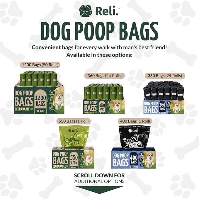 Reli. Biodegradable Dog Poop Bags w/Holder (360 Count - 24 Rolls) | 9x13" Large Dog Bags for Poop w/Dispenser | Green Eco-Friendly | Oxobiodegradable Pet Waste Disposal Refills (Unscented)