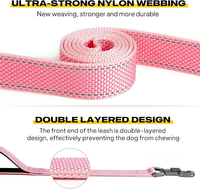 Fida 5 FT Heavy Duty Dog Leash with 2 Comfortable Padded Handles, Traffic Handle & Advanced Easy Snap Hook, Reflective Walking Lead for Large, Medium & Small Breed Dogs, Pink