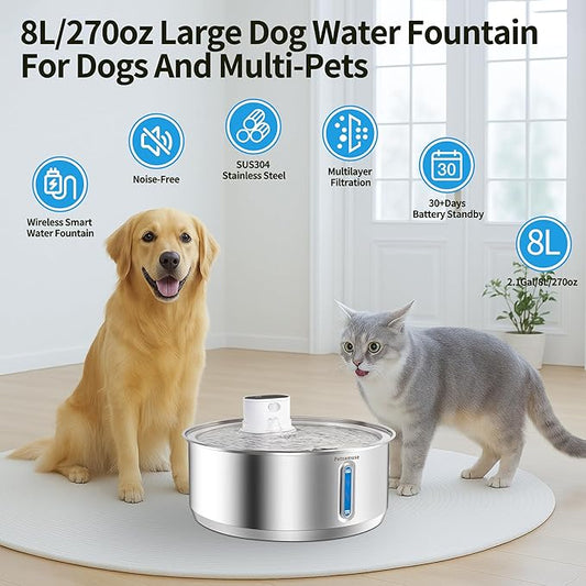 Wireless Dog Water Fountain, 2.1Gal/8L Battery Operated Stainless Steel Pet Water Fountain Motion Sensor Dog Water Bowl Large Cat Bowl Inside with 3 Filters and 2 Ultra Quiet Pumps