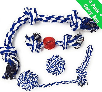 Rope Toys for Large Dogs & Puppies 4-Pack – Natural Cotton Rubber Tug-of-War Toy Set – Tough Dog Toys for Aggressive Chewers Improve Dental Hygiene – Machine-Washable Dog Rope Toy Ropes