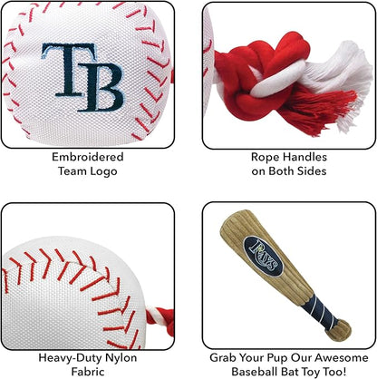 MLB TAMPA BAY RAYS Baseball Rope Toy for DOGS & CATS. Tough nylon, Sporty Baseball Design, Heavy-duty ropes with Inner SQUEAKER