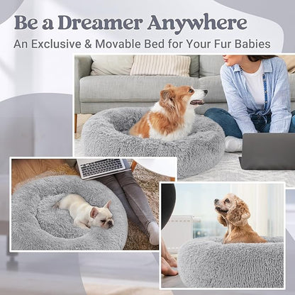 rabbitgoo Calming Dog Bed for Small Medium, 30 inches Pet Bed Machine Washable, Non-Slip Round Fluffy Plush Faux Fur Large Cat Cushion, Soft Donut Cuddler Cushion for Small Dogs, Light Grey