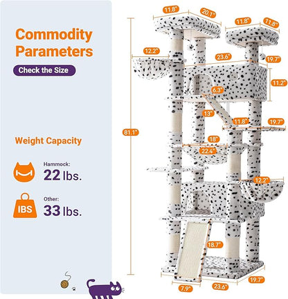 Allewie 81 Inches Tall Cat Tree/Multi-Level Large Climbing Tree House and Towers for Big Feline/Condo and Hammock/Scratching Post/Wide Base/White & Black Spot