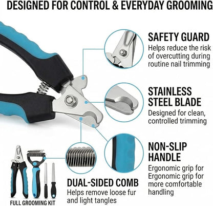 Kuzey Home Pet Nail Clipper & Deshedding Comb Set for Cats and Dogs, Safety Guard to Help Prevent Overcutting, Stainless Steel Blade, Non-Slip Handle, Includes Nail File