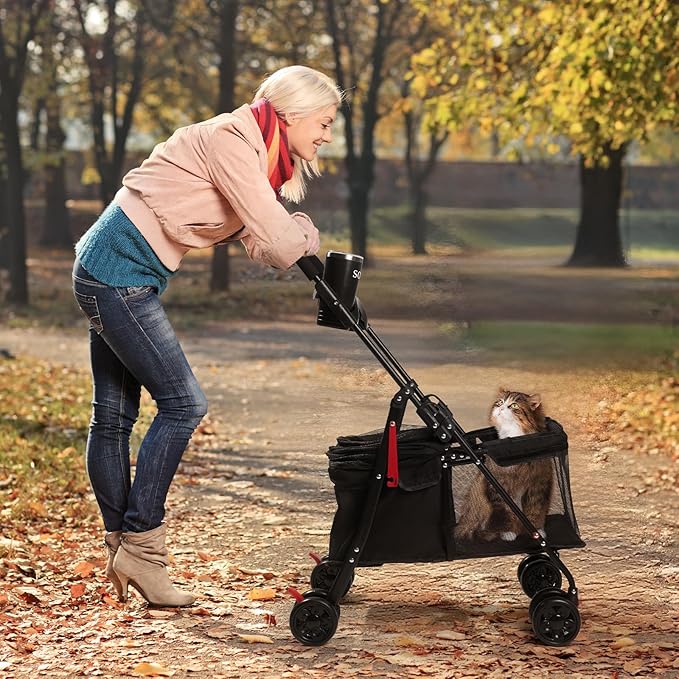 Foldable Pet Stroller for Small/Medium Pets up to 22 lbs - Lightweight 4-Wheel Design with Sun Canopy, Storage Bag & Breathable Mesh（Black