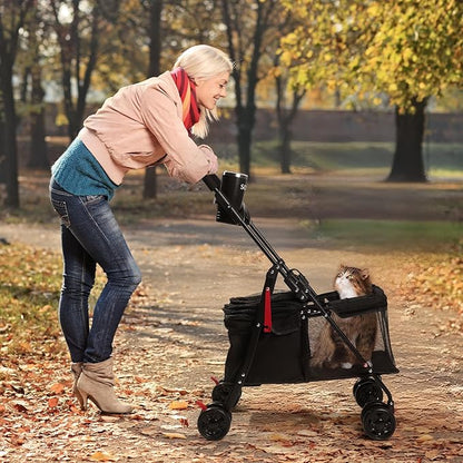 Foldable Pet Stroller for Small/Medium Pets up to 22 lbs - Lightweight 4-Wheel Design with Sun Canopy, Storage Bag & Breathable Mesh（Black