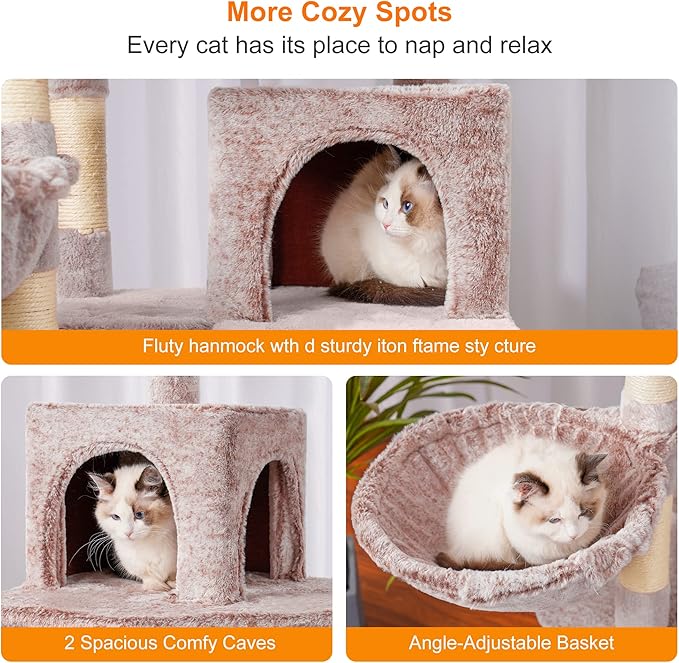Heybly Cat Tree, 70 inches Tall Cat Tower Condo with Toy for Indoor Large Cats, Cat House Furniture with Padded Plush Perch, Cozy Hammock and Sisal Scratching Posts, Muchroom HCT032MU