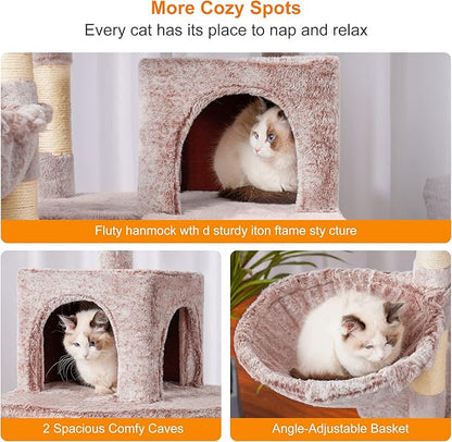 Heybly Cat Tree, 70 inches Tall Cat Tower Condo with Toy for Indoor Large Cats, Cat House Furniture with Padded Plush Perch, Cozy Hammock and Sisal Scratching Posts, Muchroom HCT032MU