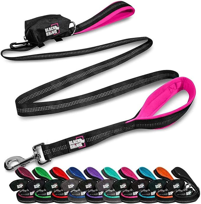 Black Rhino Heavy Duty Dog Leash for Medium and Large Dogs - 6 ft Long Double Handle Leash with Padded Traffic Control Handles and Bag for Comfort - Reflective, Durable, and Weather Resistant (Pink)