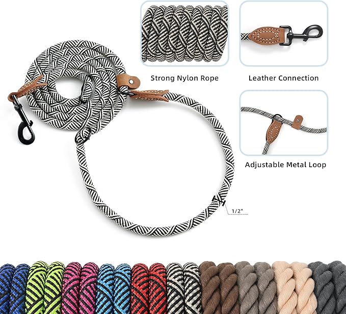 Mile High Life Hands Free Dog Leash, Crossbody Waist Leash with Genuine Leather Connection, Multifunctional Adjustable Slip Lead for Dog Walking Running (Blue White, 8FT)