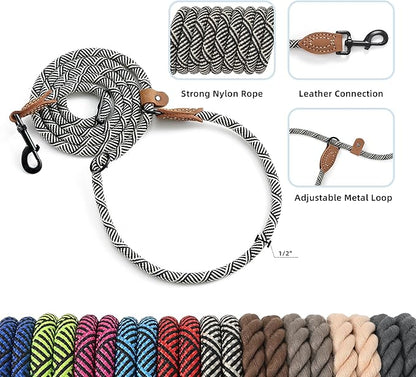Mile High Life Hands Free Dog Leash, Crossbody Waist Leash with Genuine Leather Connection, Multifunctional Adjustable Slip Lead for Dog Walking Running (Blue White, 8FT)