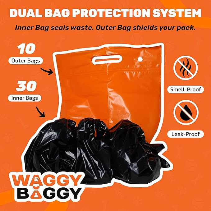 Cleanwaste Waggy Baggy, Adventure Ready Dog Waste Bags with Smell-Proof, Dual Bag System, with Convenient Carry Handle, 10ct